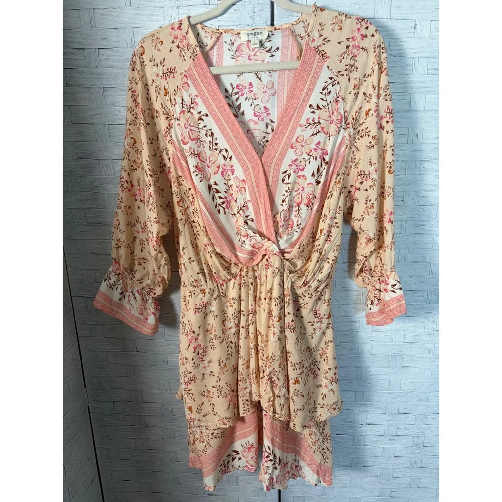Umgee Womens Mini Dress Boho Floral V-Neck Peach Pink Ruffle Bell Sleeve C2532 - Picture 1 of 9